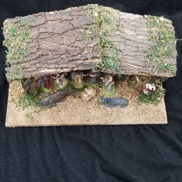 Vintage Christmas Nativity Scene Creche Wooden Stable Tree Angel Kings Animals - Picture 5 of 7